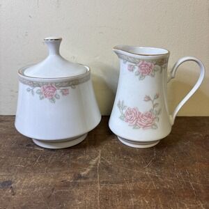Crown Ming Fine China Pink Rose Creamer & Sugar Set Gold Trim